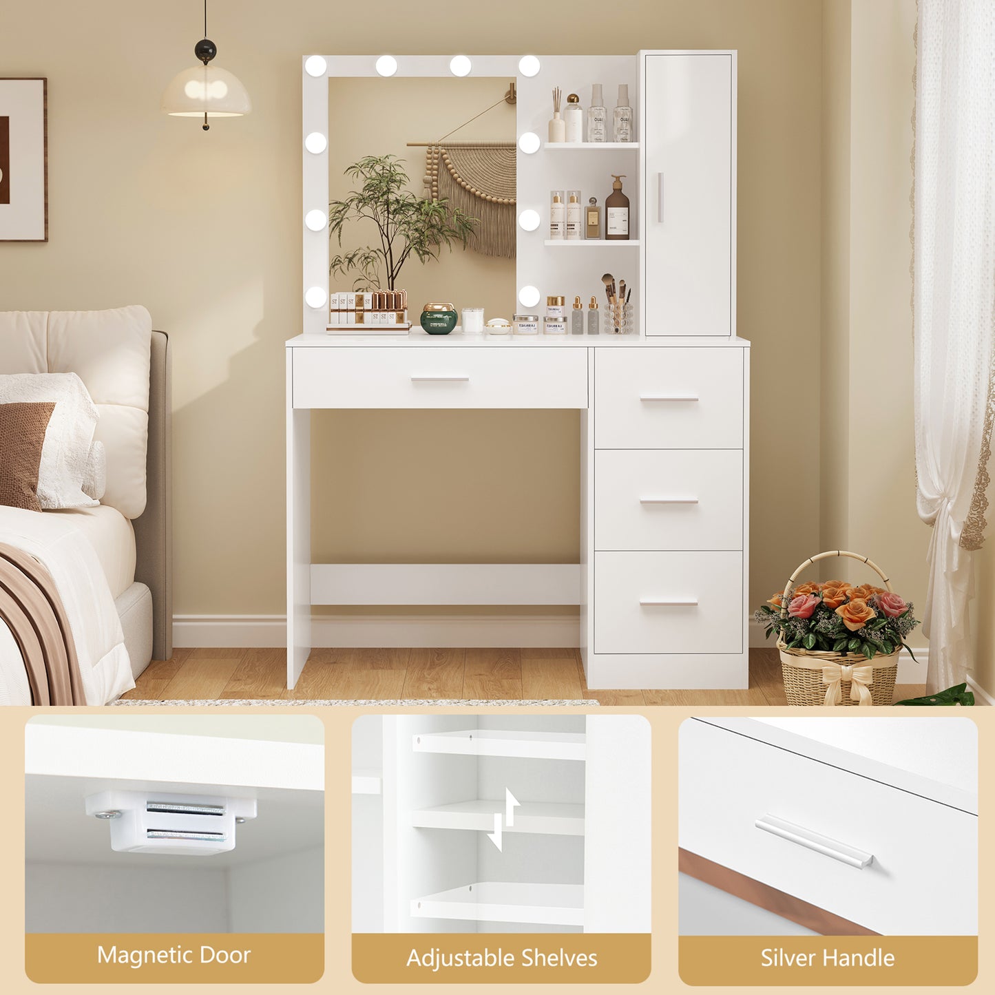 USIKEY Makeup Vanity with Lights, Vanity Desk with Mirror and 10 LED Lights, Vanity Table with 4 Drawers, Cabinet & 4 Necklace Hooks for Bedroom