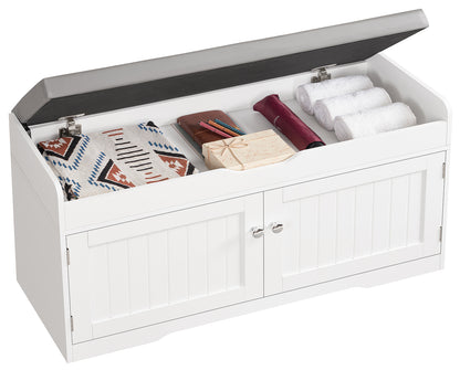 USIKEY Shoe Storage Bench, 2 Tier Shoe Bench with Padded Seat Cushion & 2 Barn Doors, Entryway Bench with Adjustable Shelf, Shoe Cabinet for Living Room, Bedroom