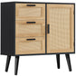 USIKEY Storage Cabinet with Rattan Door & 3 Drawers, Entryway Cabinet with Adjustable Shelf, Accent Cabinet for Living Room