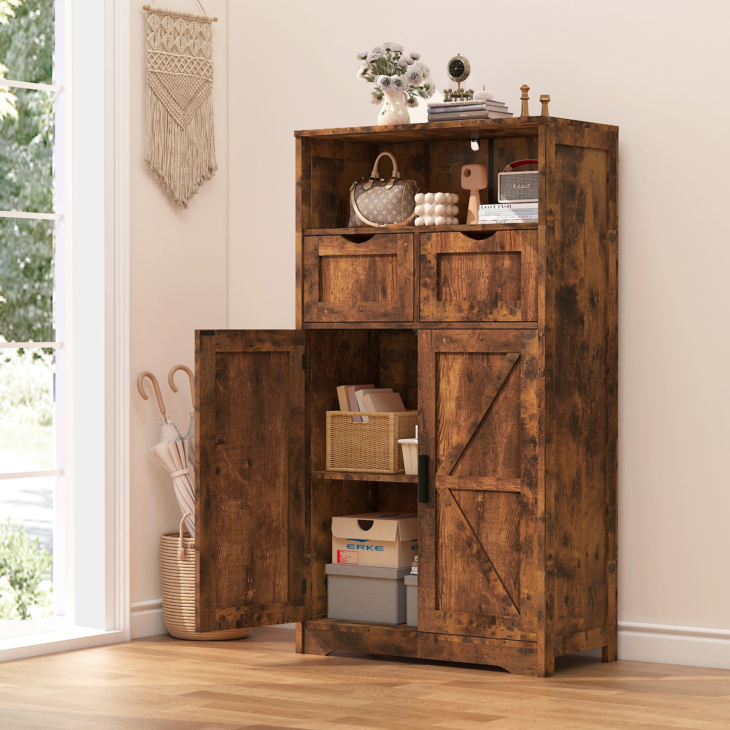 USIKEY Farmhouse Storage Cabinets, Kitchen Storage Cabinet with 2 Adjustable Drawers & Shelf, Floor Cabinet, for Living Room, Home Office, Kitchen