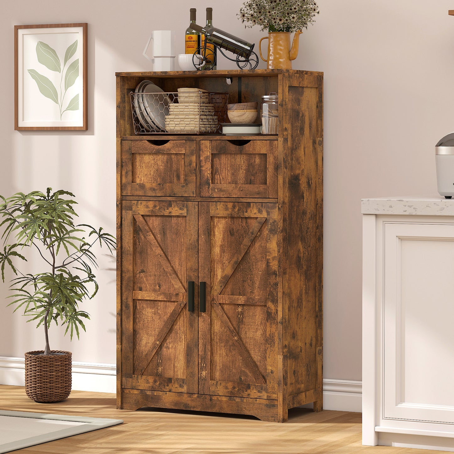 USIKEY Farmhouse Storage Cabinets, Kitchen Storage Cabinet with 2 Adjustable Drawers & Shelf, Floor Cabinet, for Living Room, Home Office, Kitchen