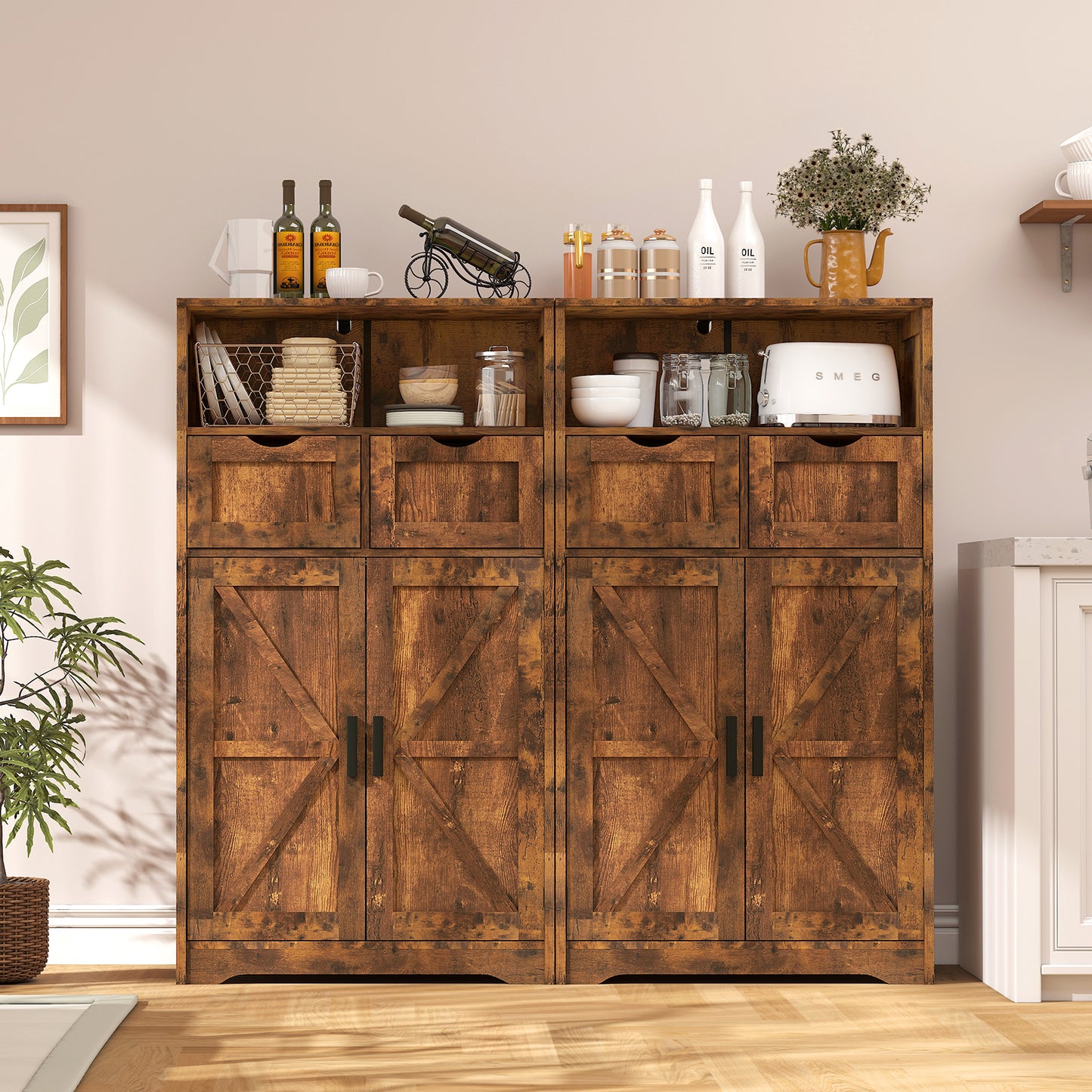 USIKEY Farmhouse Storage Cabinets, Kitchen Storage Cabinet with 2 Adjustable Drawers & Shelf, Floor Cabinet, for Living Room, Home Office, Kitchen