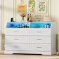 White Dresser for Bedroom, 6 Drawer Dresser with Charging Station & LED Lights, Dressers & Chests of Drawers, Dresser TV Stand for Bedroom, White