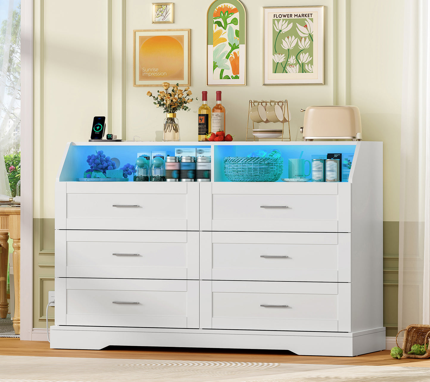 White Dresser for Bedroom, 6 Drawer Dresser with Charging Station & LED Lights, Dressers & Chests of Drawers, Dresser TV Stand for Bedroom, White