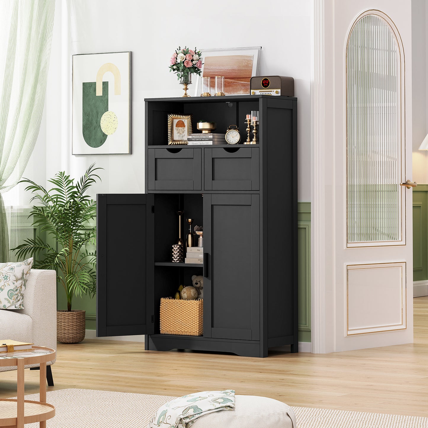 Large Storage Cabinet, Rattan Cabinet with 2 Drawers & 2 Shelves, Cupboard, Floor Cabinet for Living Room, Home Office, Natural & Black