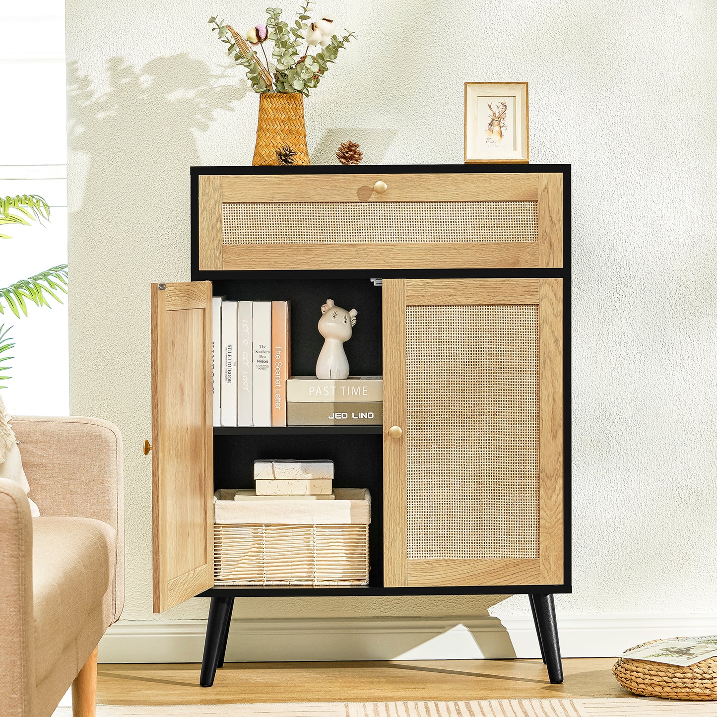 Storage Cabinet with Adjustable Shelf, Rattan Cabinet with Large Drawer, Accent Cabinet for Dining Room, Living Room, Entryway