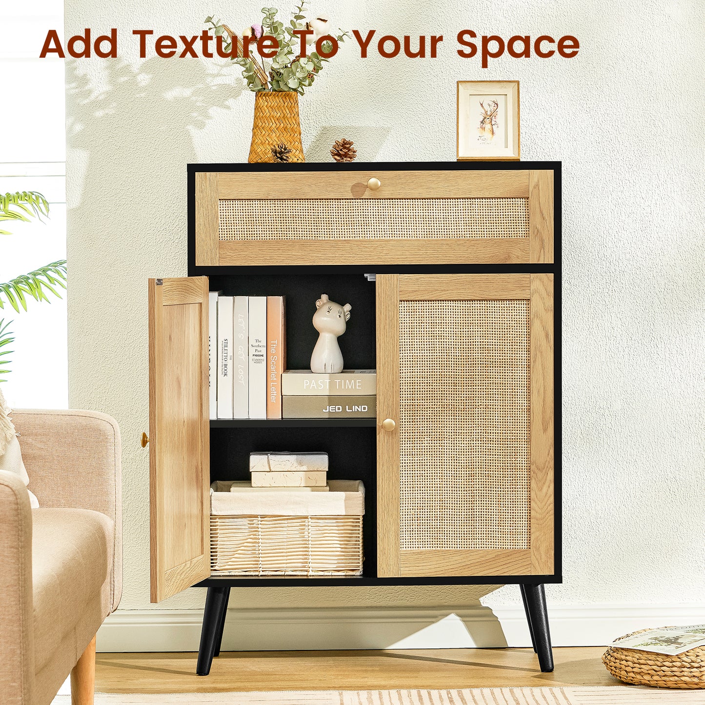 Storage Cabinet with Adjustable Shelf, Rattan Cabinet with Large Drawer, Accent Cabinet for Dining Room, Living Room, Entryway