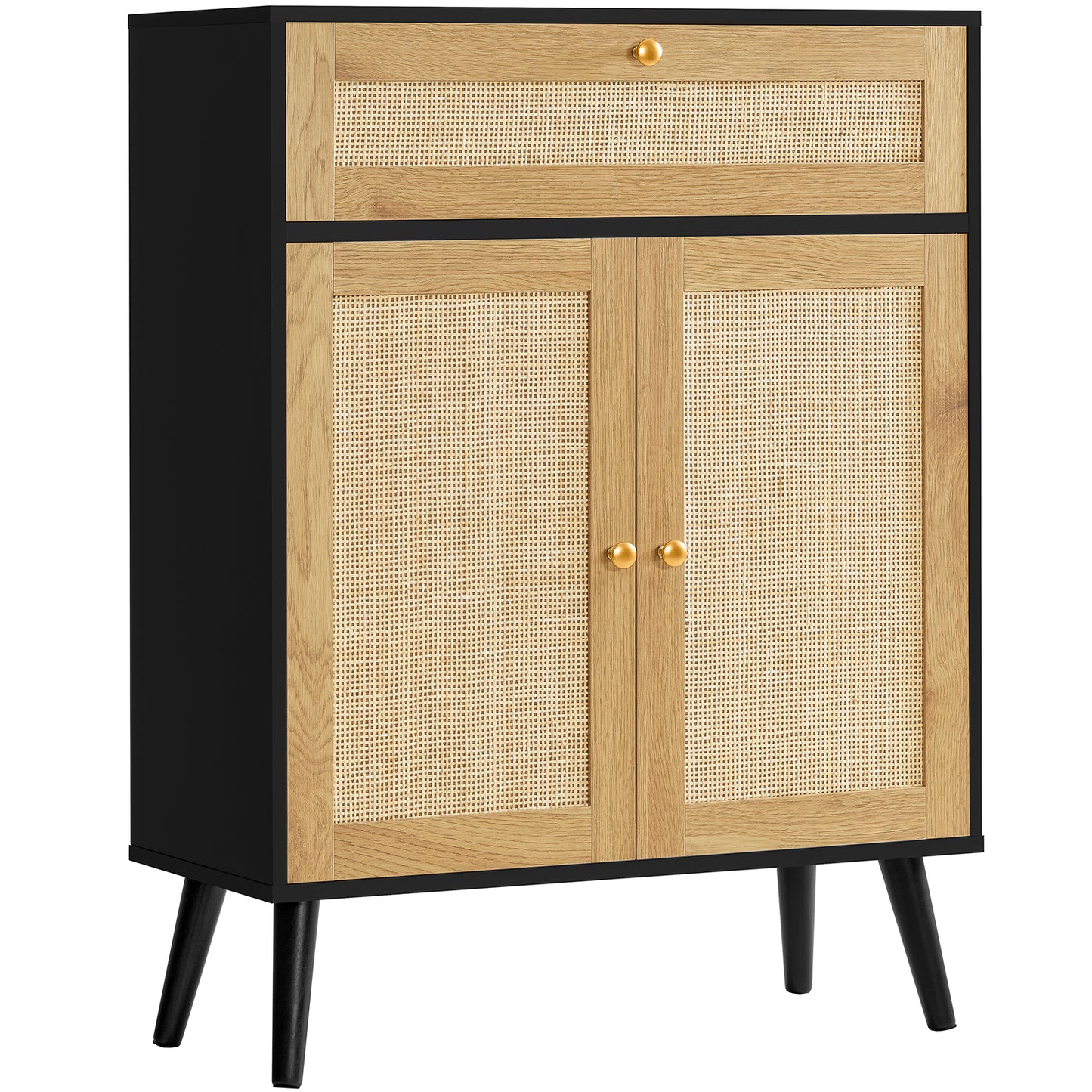 Storage Cabinet with Adjustable Shelf, Rattan Cabinet with Large Drawer, Accent Cabinet for Dining Room, Living Room, Entryway