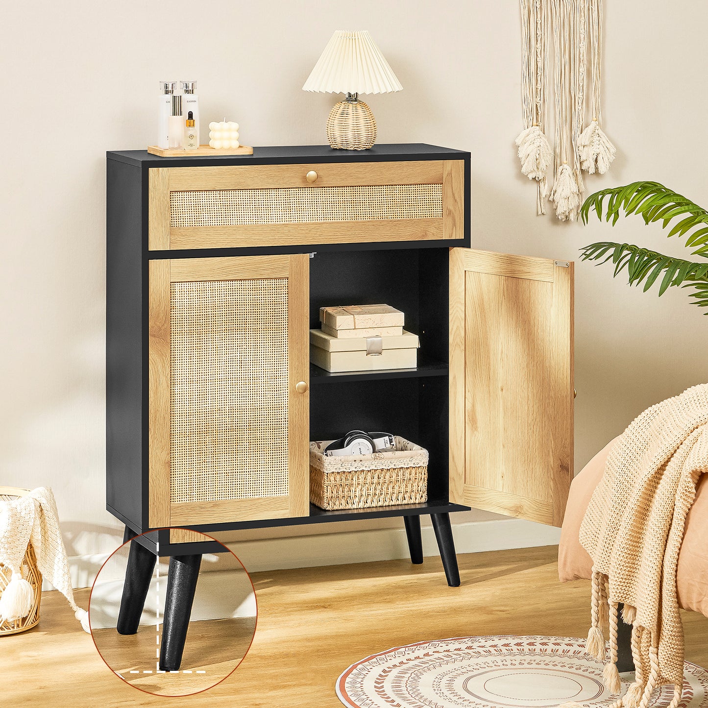 Storage Cabinet with Adjustable Shelf, Rattan Cabinet with Large Drawer, Accent Cabinet for Dining Room, Living Room, Entryway