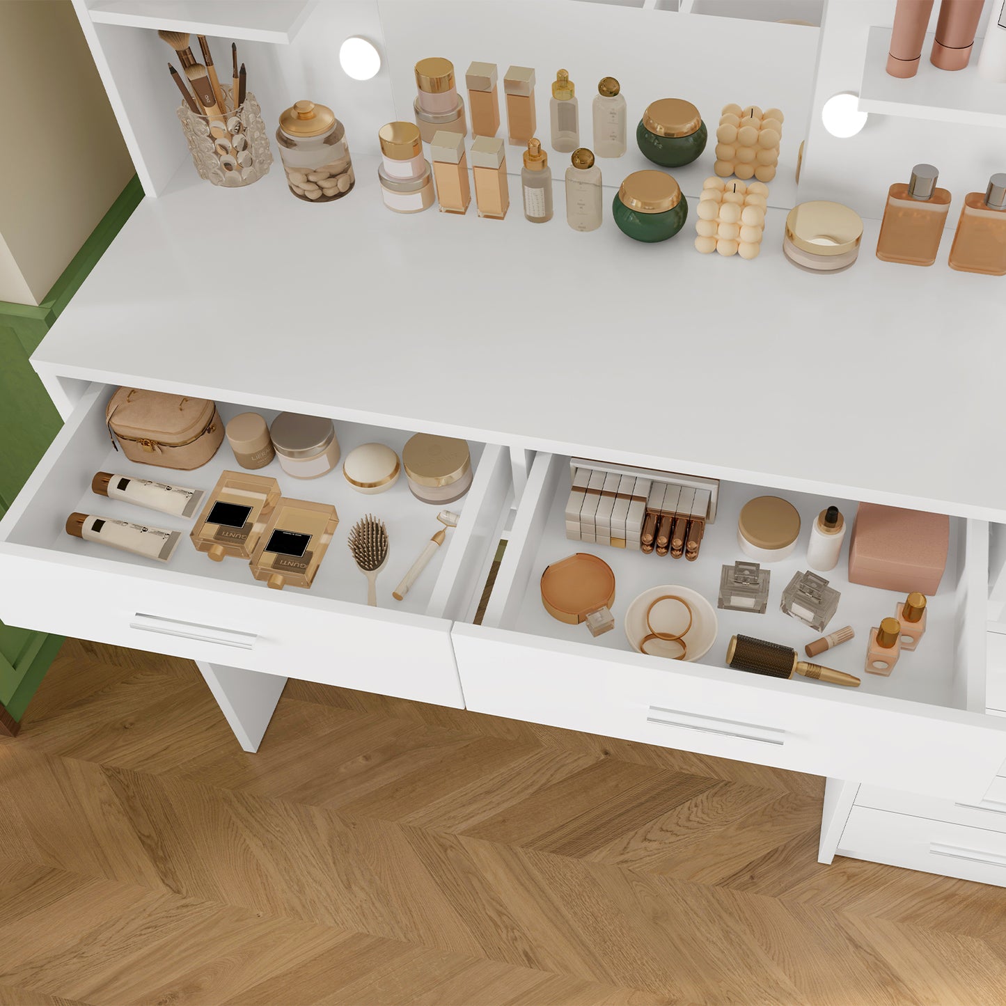 Usikey Large Vanity Desk with Mirror & Lights, Makeup Vanity Table with 6 Drawers, 4 Open Storage Shelves, Vanity Desk Set with Stool, White