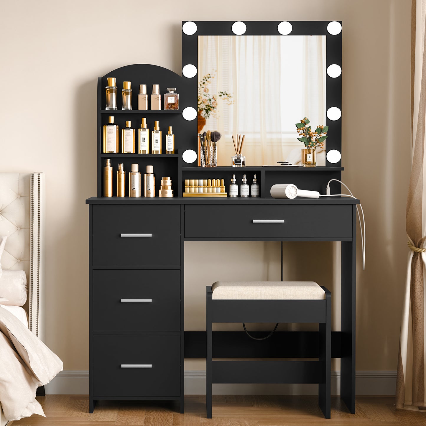 Makeup Vanity with 10 Light Bulbs and Charging Station, Vanity Desk with Lighted Mirror & 4 Drawers Chest, Vanity Set, Vanity Table Set with Cushioned Stool, for Bedroom