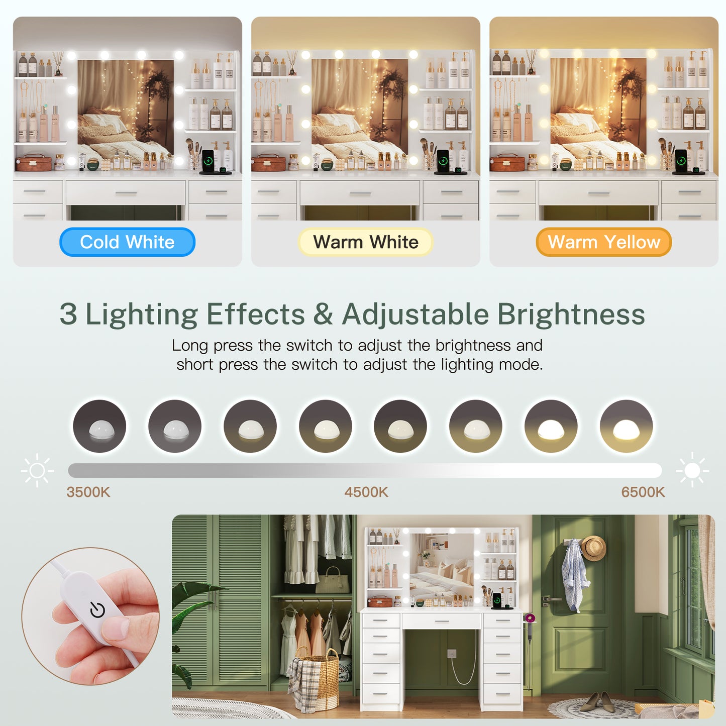 USIKEY Vanity Desk with Mirror and Lights, Power Outlet, Makeup Vanity with 11 Drawers & 6 Open Storage Shelves, 3 Lighting Modes Brightness Adjustable, White