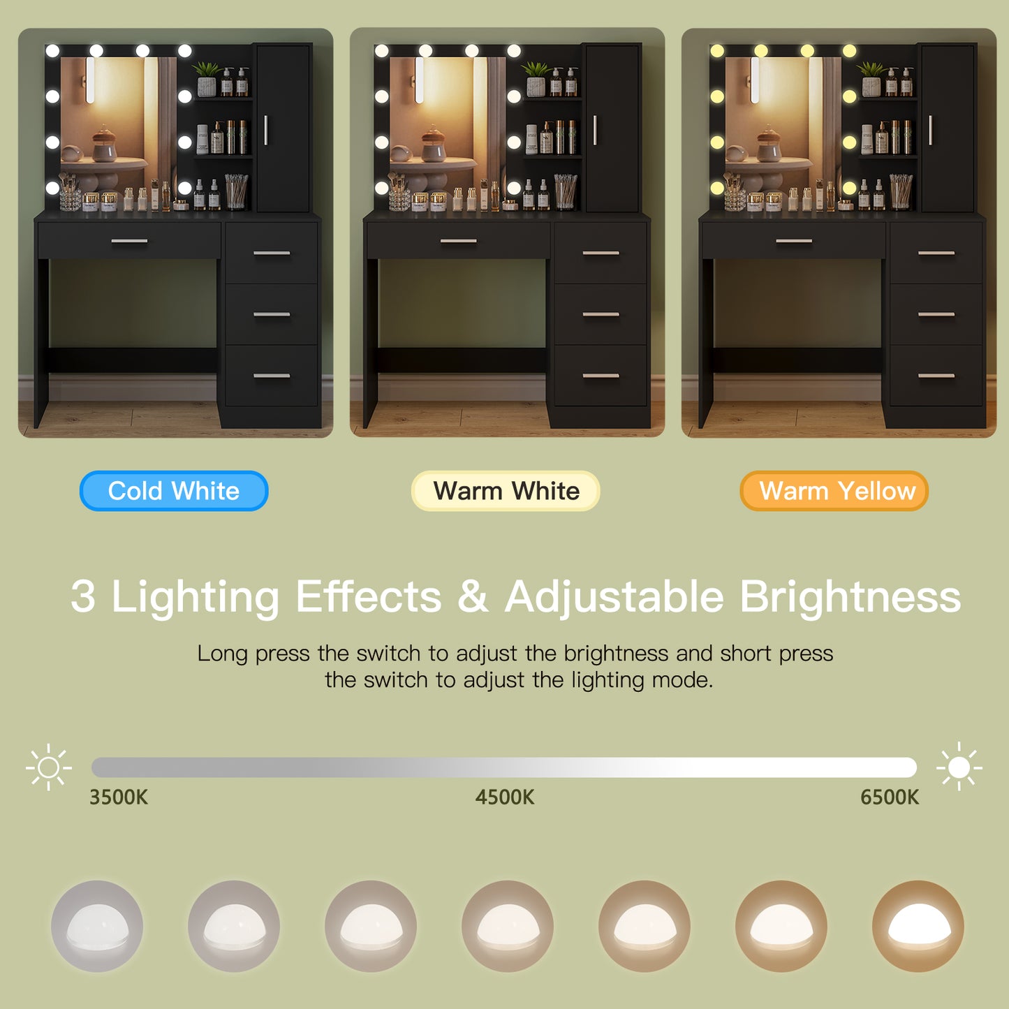 USIKEY Makeup Vanity with Lights, Vanity Desk with Mirror and 10 LED Lights, Vanity Table with 4 Drawers, Cabinet & 4 Necklace Hooks for Bedroom