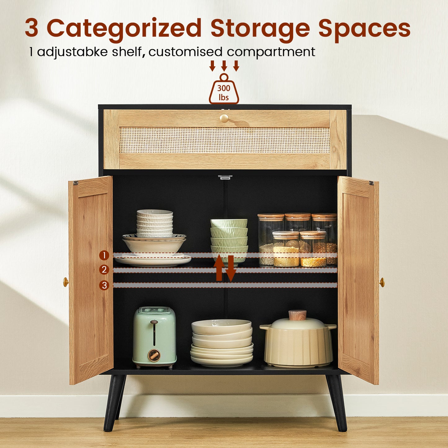 Storage Cabinet with Adjustable Shelf, Rattan Cabinet with Large Drawer, Accent Cabinet for Dining Room, Living Room, Entryway