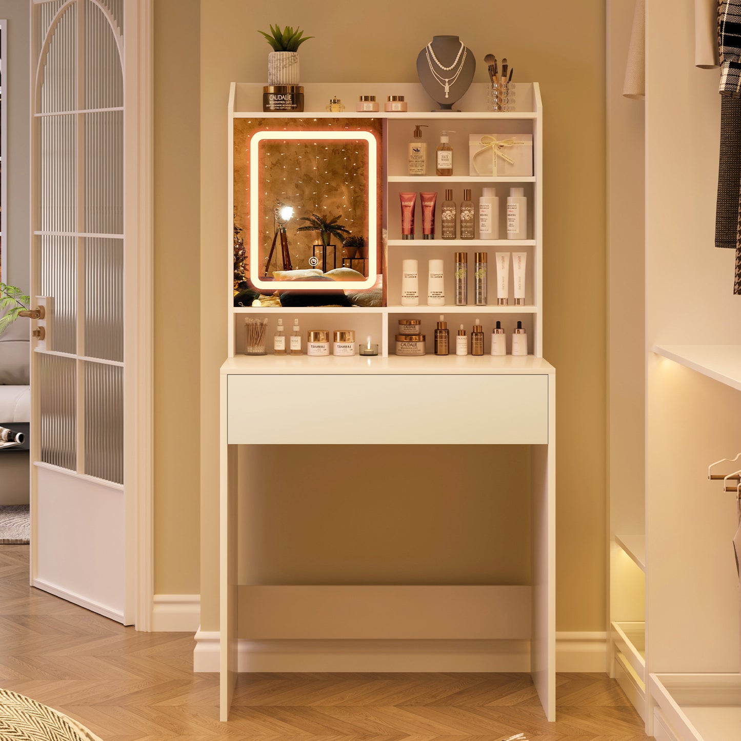 USIKEY Small Vanity Desk with Lighted Sliding Mirror, 3 Lighting Modes, Makeup Vanity Table with Storage Drawer and Hidden Storage Shelves