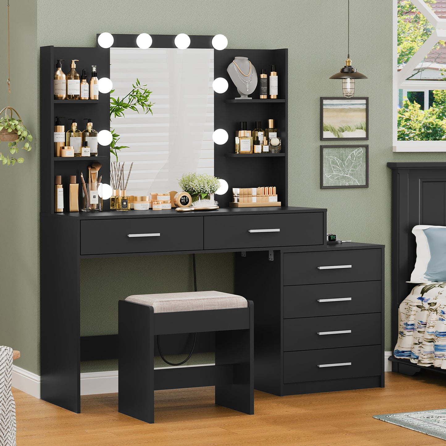 48" Large Vanity Desk with Mirror & Lights, Makeup Vanity Table with 6 Drawers & Power Outlet, 4 Open Storage Shelves, Vanity Desk Set with Stool, for Women Girls