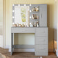 USIKEY Makeup Vanity with Lights, Vanity Desk with Mirror and 10 LED Lights, Vanity Table with 4 Drawers, Cabinet & 4 Necklace Hooks for Bedroom