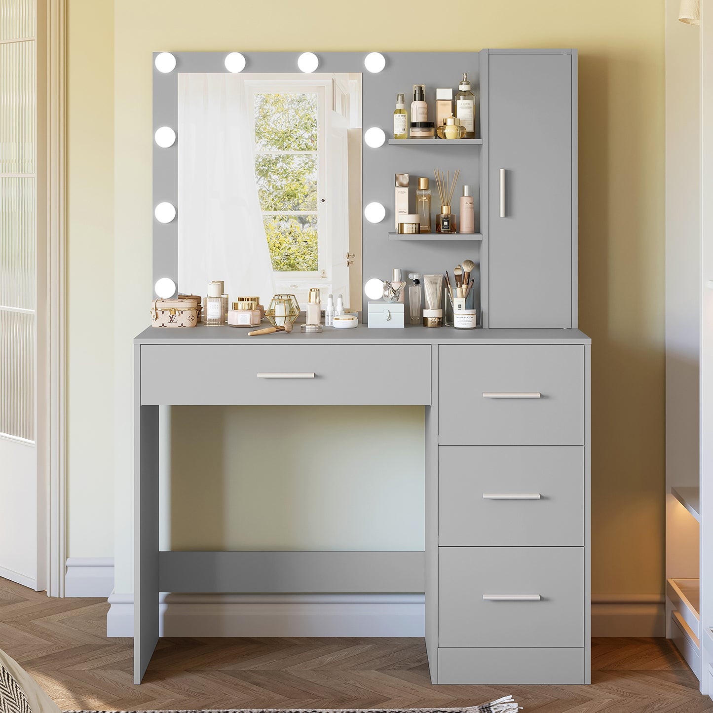 USIKEY Makeup Vanity with Lights, Vanity Desk with Mirror and 10 LED Lights, Vanity Table with 4 Drawers, Cabinet & 4 Necklace Hooks for Bedroom