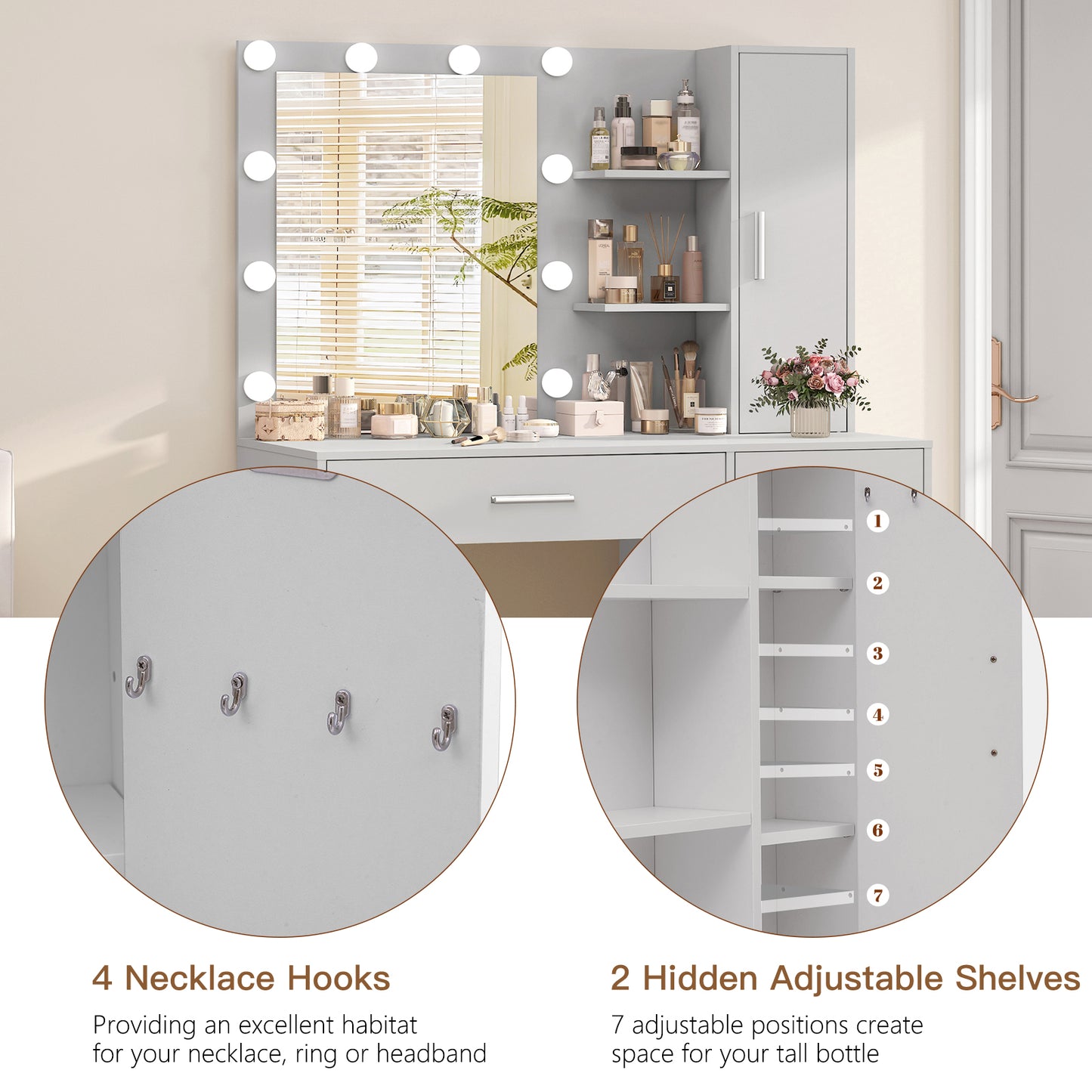 USIKEY Makeup Vanity with Lights, Vanity Desk with Mirror and 10 LED Lights, Vanity Table with 4 Drawers, Cabinet & 4 Necklace Hooks for Bedroom