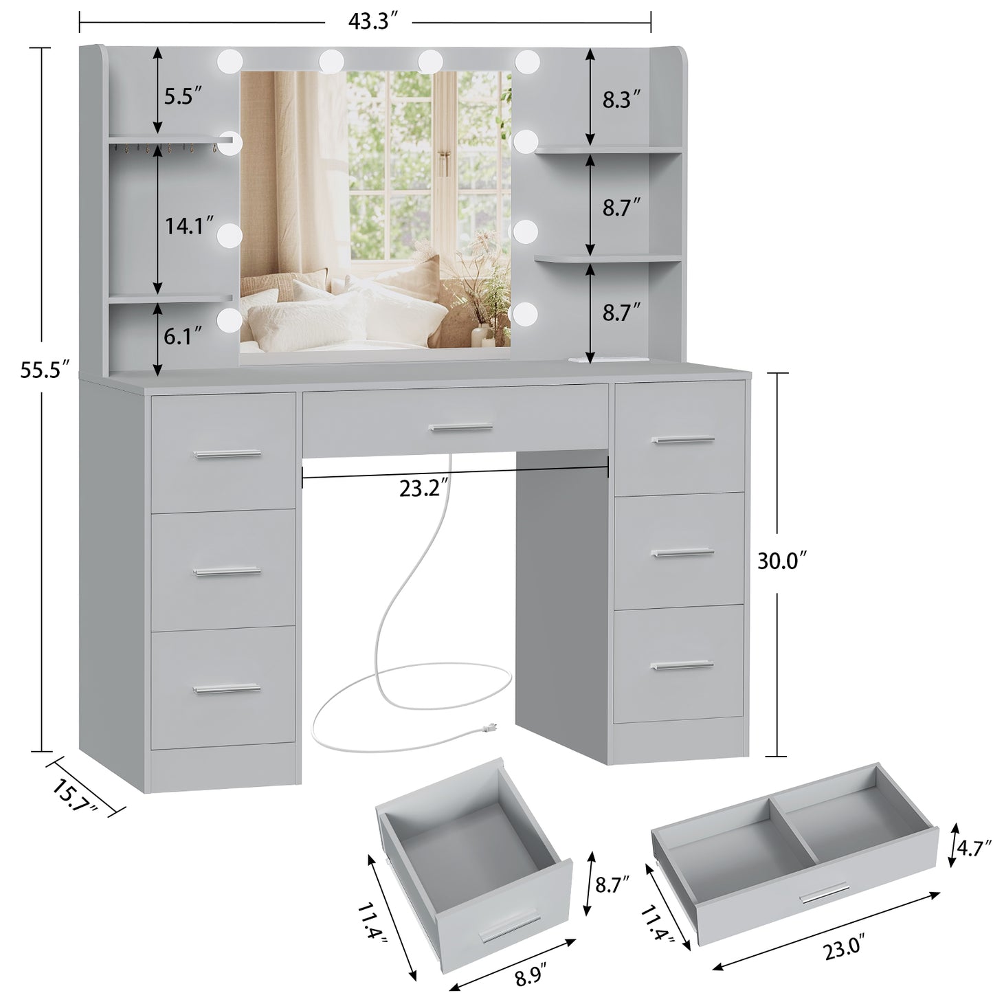 Large Vanity Desk with LED Lighted Mirror & Power Outlet,Makeup Vanity Table with 7 Drawers,4 Shelves and 5 Hooks,Vanity Table, Vanity Desk Set for Bedroom,Bathroom,White