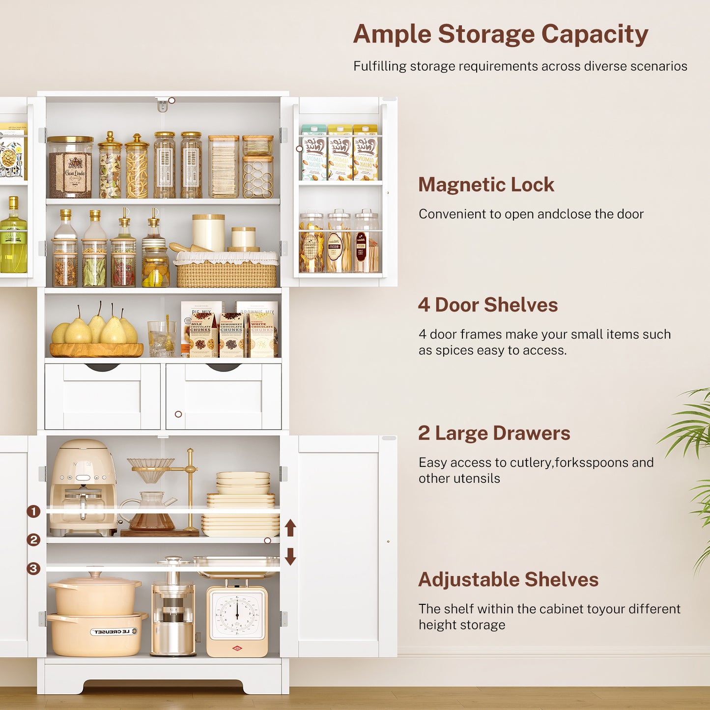 Usikey Kitchen Pantry Cabinet with Adjustable Shelf, Tall Storage Cabinet with 2 Drawers & 4 Door Shelves, Pantry Cabinets for Dining Room, White