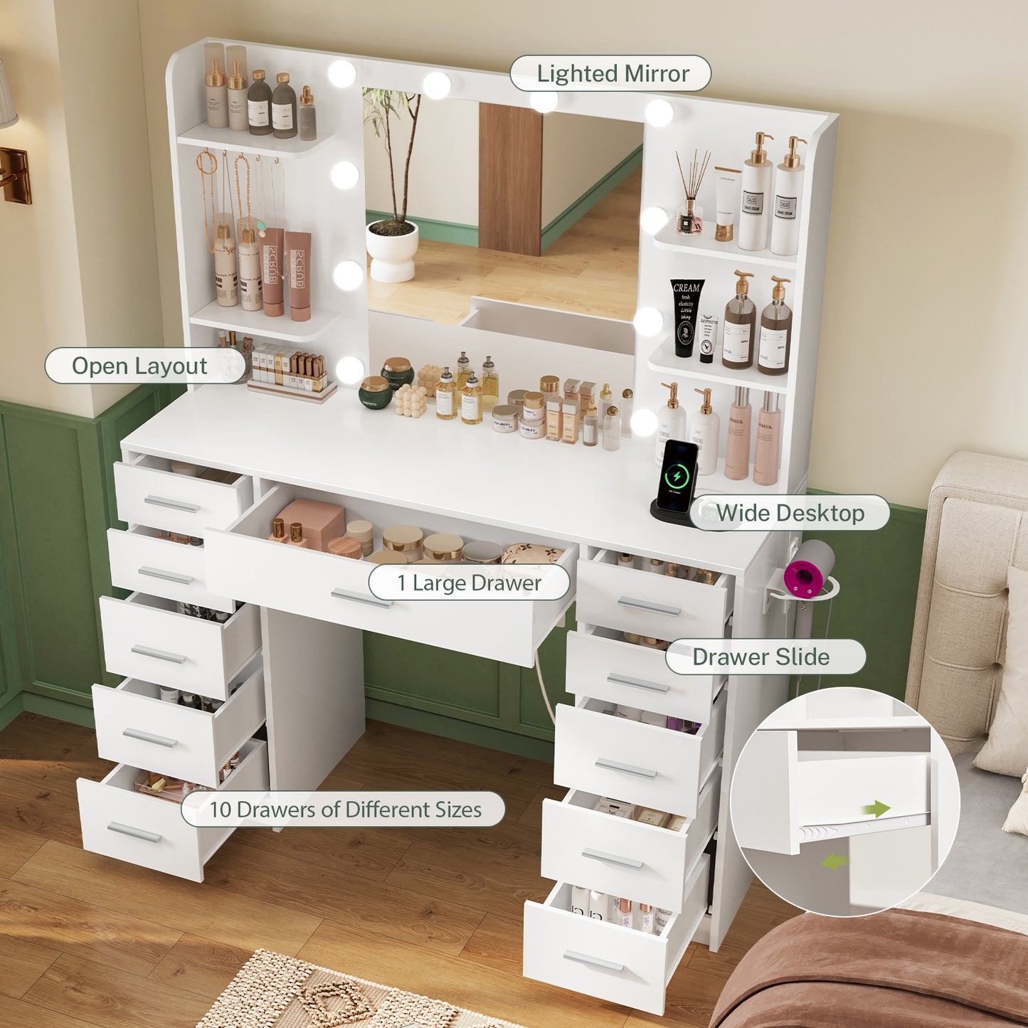 USIKEY Vanity Desk with Mirror and Lights, Power Outlet, Makeup Vanity with 11 Drawers & 6 Open Storage Shelves, 3 Lighting Modes Brightness Adjustable, White