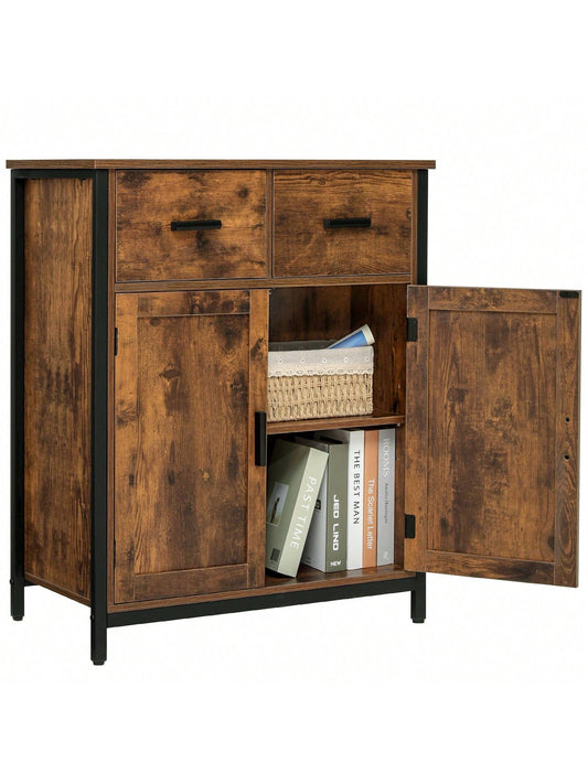 USIKEY Storage Cabinet, Industrial Floor Cabinet with 2 Drawers & Doors, Freestanding Storage Cabinet with  Shelf, for Living Room, Bedroom, Kitchen