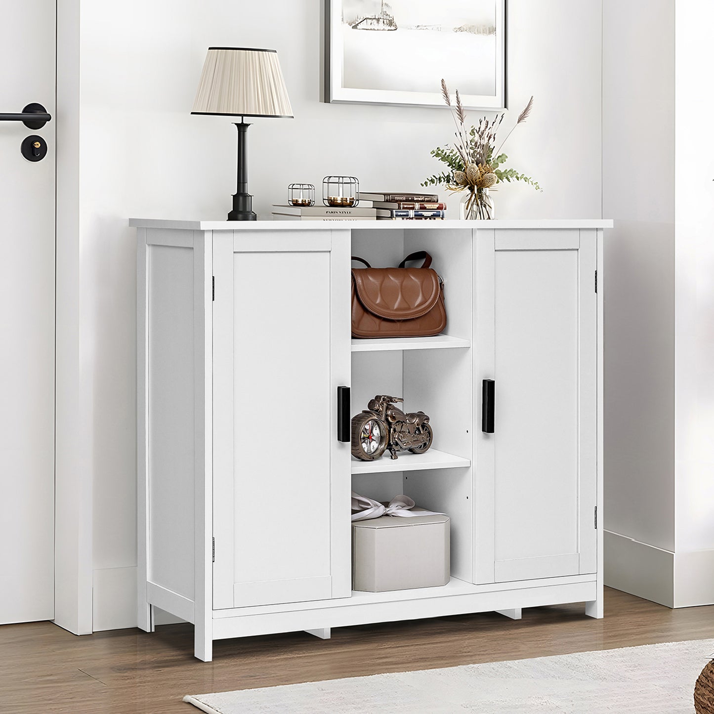 Storage Cabinet with 2 Doors and 4 Storage Shelves, Credenza Buffet Cabinet, Bathroom Cabinet for Living Room, Entryway, Home Office, White