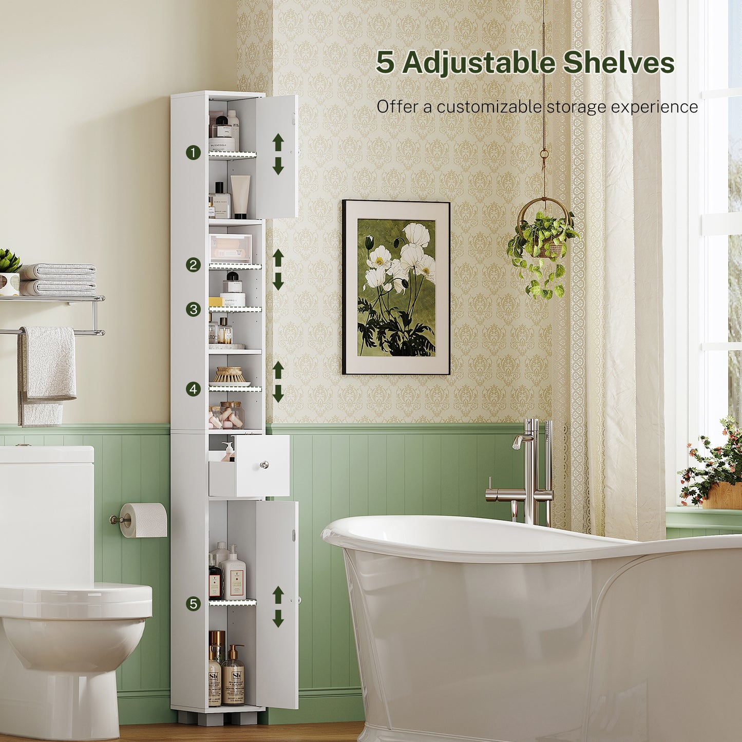 USIKEY Narrow Bathroom Storage Cabinet with Adjustable Shelves & Drawer, 71" H Tall Bathroom Cabinet, Slim Storage Cabinet for Small Spaces, White