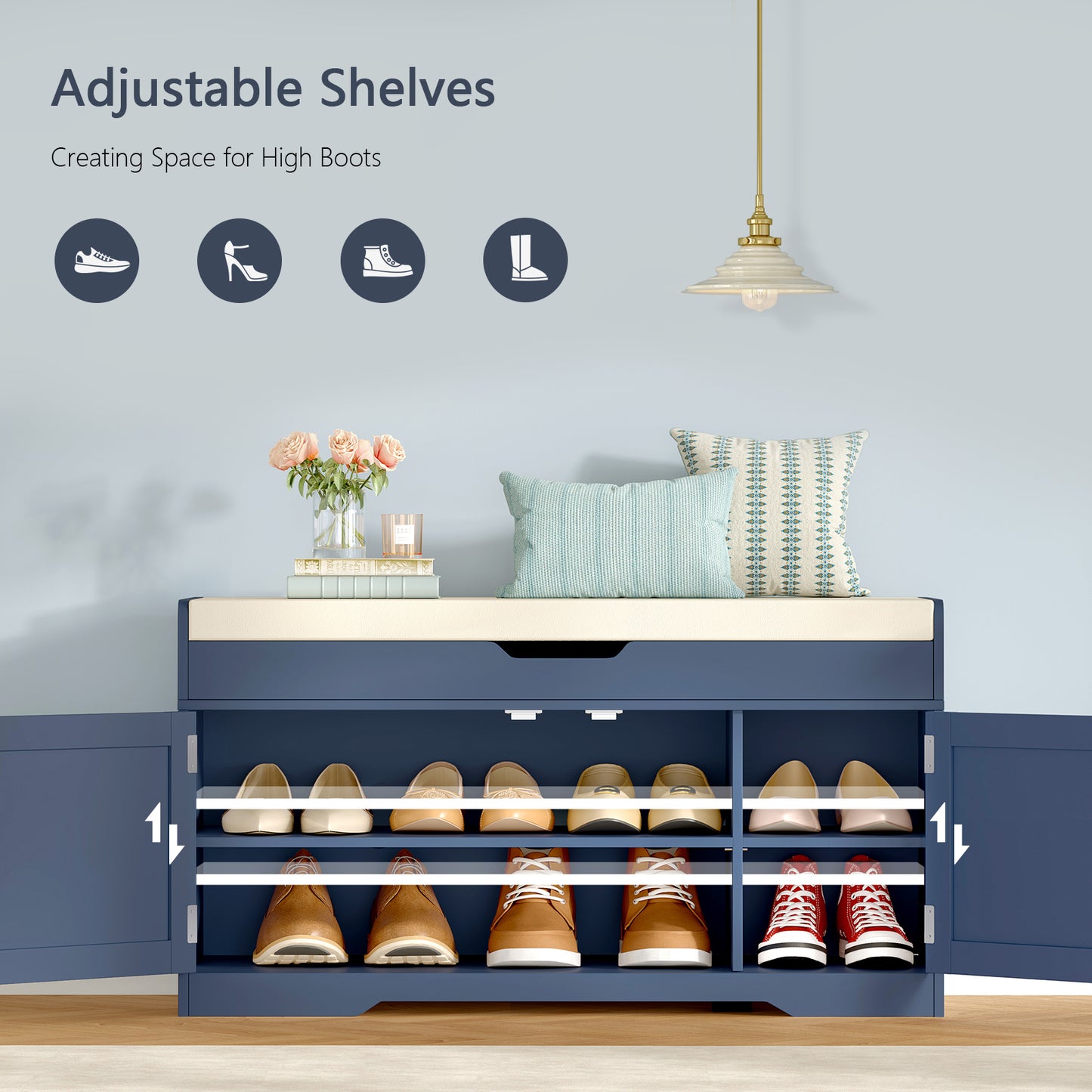 usikey Shoe Bench with Lift Top Storage, Storage Bench with Padded Seat Cushion, Entryway Bench with 2 Adjustable Shelves, for Entryway, Living Room, Bedroom