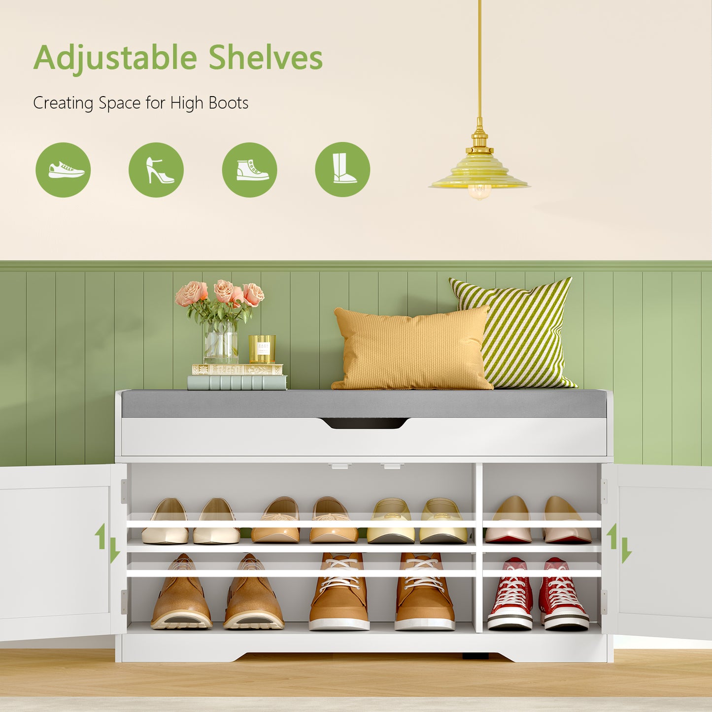 usikey Shoe Bench with Lift Top Storage, Storage Bench with Padded Seat Cushion, Entryway Bench with 2 Adjustable Shelves, for Entryway, Living Room, Bedroom