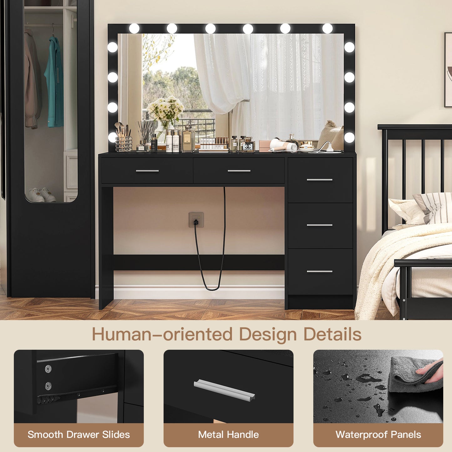USIKEY 47.2" Large Vanity Desk with Lighted Mirror, 14 Lights, Makeup Vanity Table with 5 Large Drawers & Charging Station