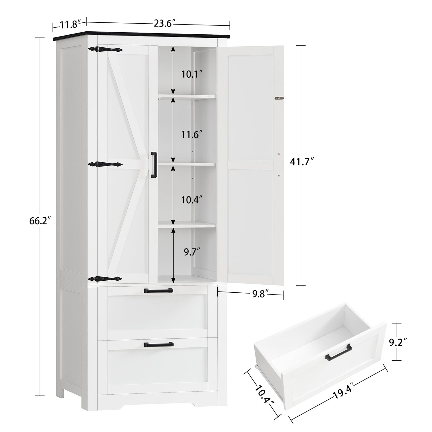 USIKEY 66.2" H Storage Cabinet with 2 Drawers, Farmhouse Kitchen Pantry Cabinet with 2 Doors & Adjustable Shelf, for Living Room, Kitchen, White