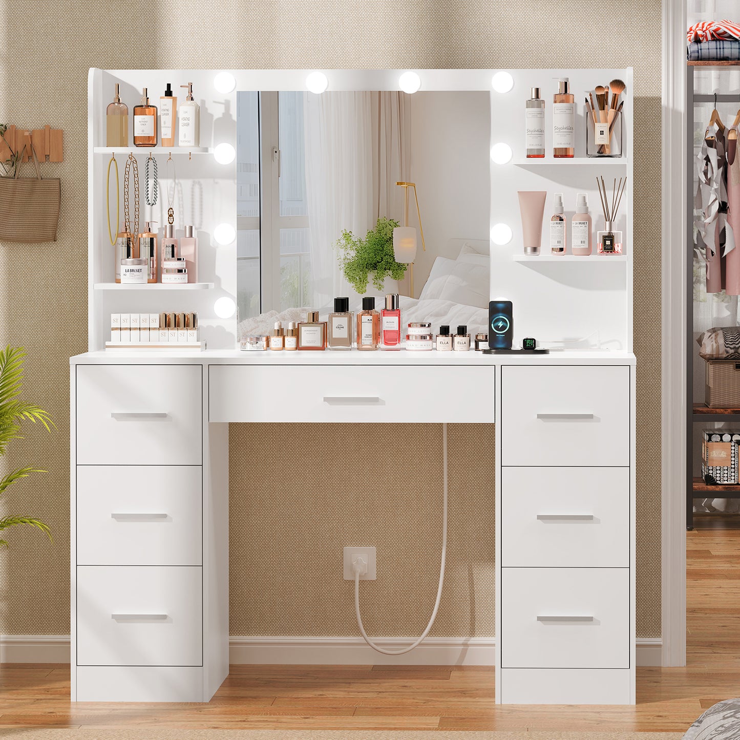 Large Vanity Desk with LED Lighted Mirror & Power Outlet,Makeup Vanity Table with 7 Drawers,4 Shelves and 5 Hooks,Vanity Table, Vanity Desk Set for Bedroom,Bathroom,White