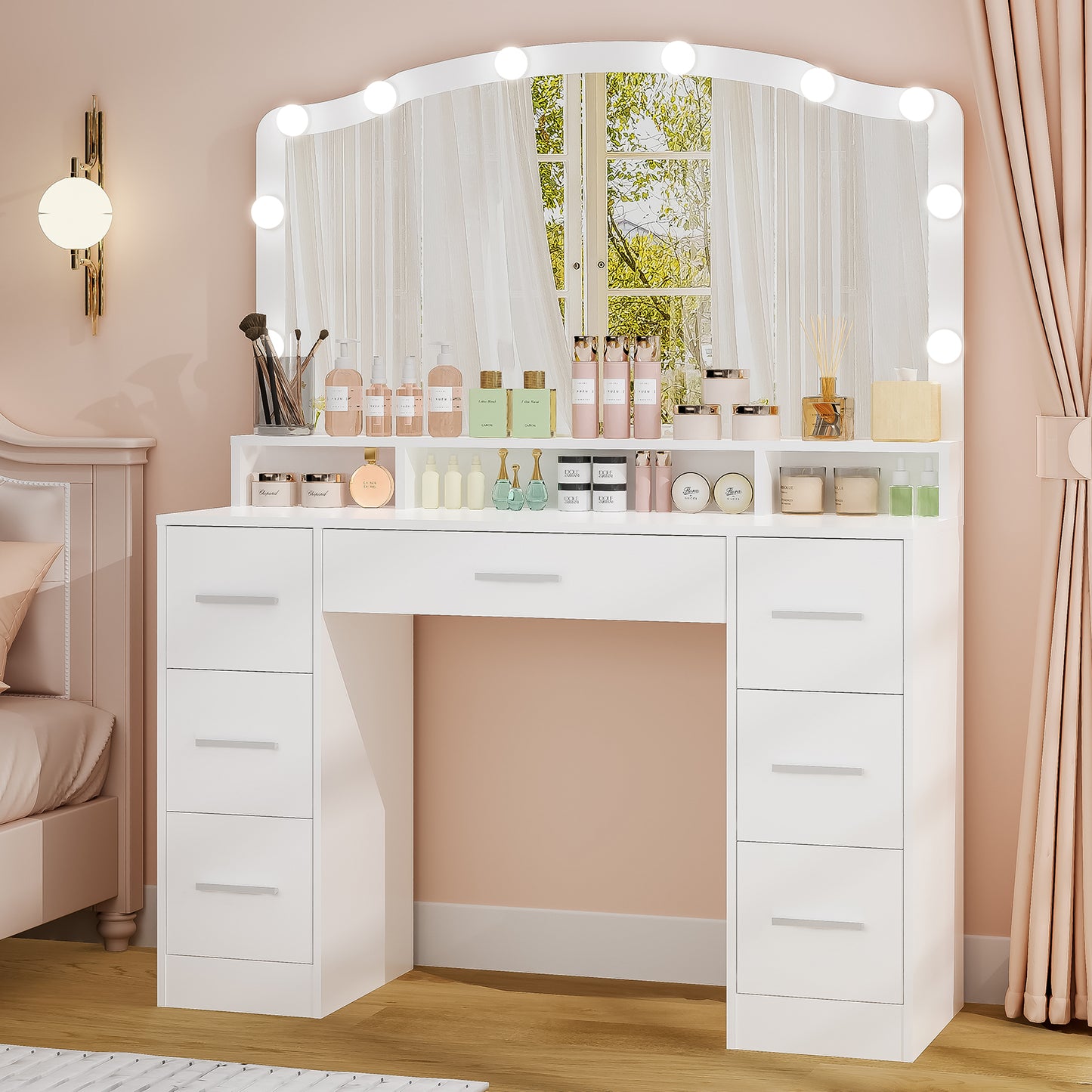 usikey 43.3" Vanity Desk with Large Lighted Mirror, Makeup Vanity Table with 7 Drawers & 10 Lights Bulbs, 3 Lighting Colors, Make Vanity Desk, Vanity Table for Women Girls