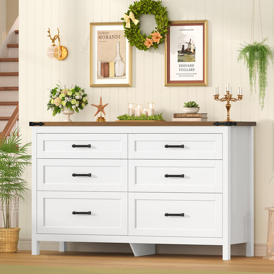 USIKEY Farmhouse 6 Drawer Dresser for Bedroom, 47.2'' Wide Wood Chest of Drawers , Dresser for Closet, Bedroom Dresser for Living Room, White