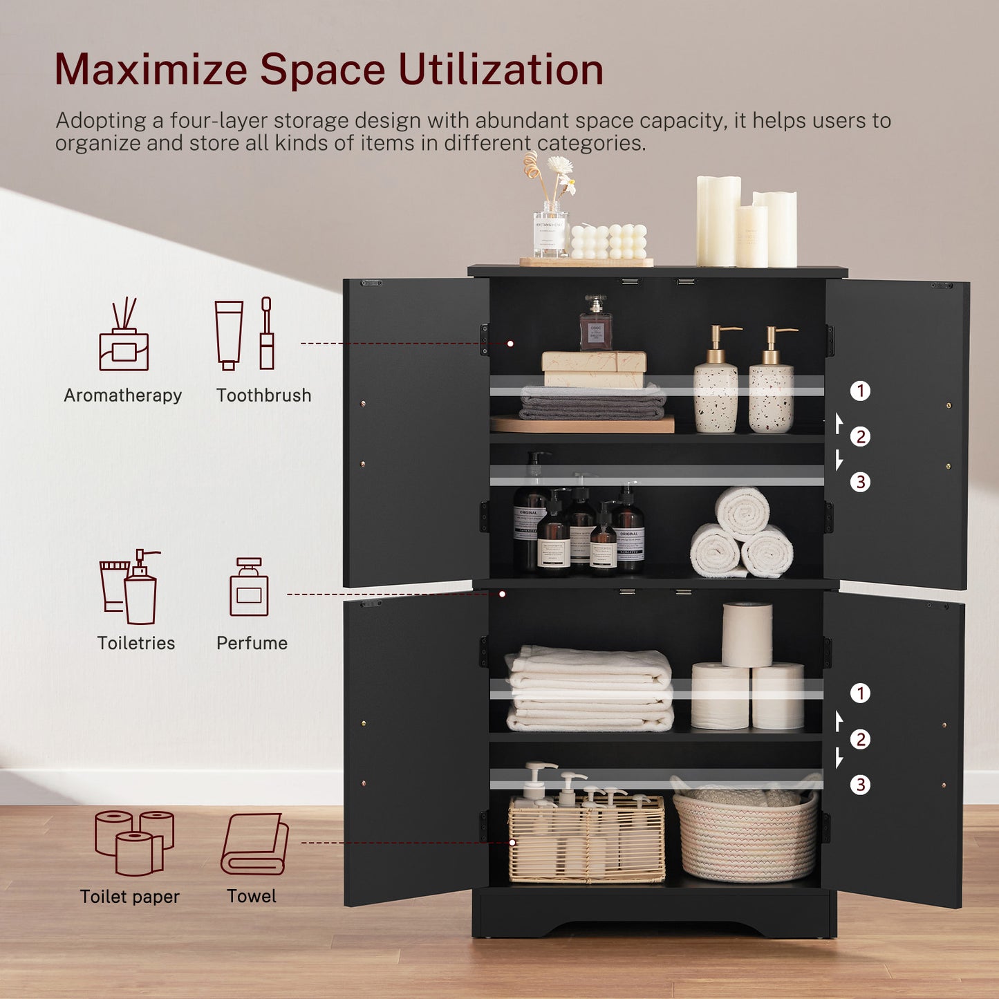 USIKEY Farmhouse Storage Cabinet with 2 Adjustable Shelves, Bathroom Cabinet with 4 Doors, Kitchen Cabinets, Cupboard for Kitchen, Living Room