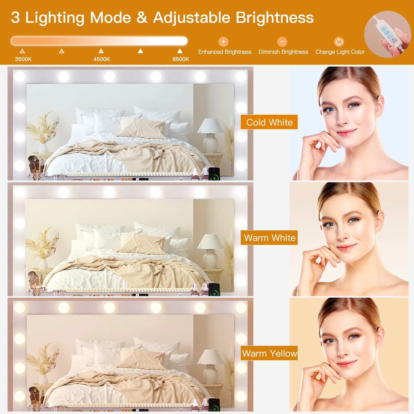 Usikey Vanity Desk with Large Lighted Mirror and Outlet, 46" Makeup Vanity with 9 Drawers and Glass Desktop, Vanity Table with 12 LED Lights, White