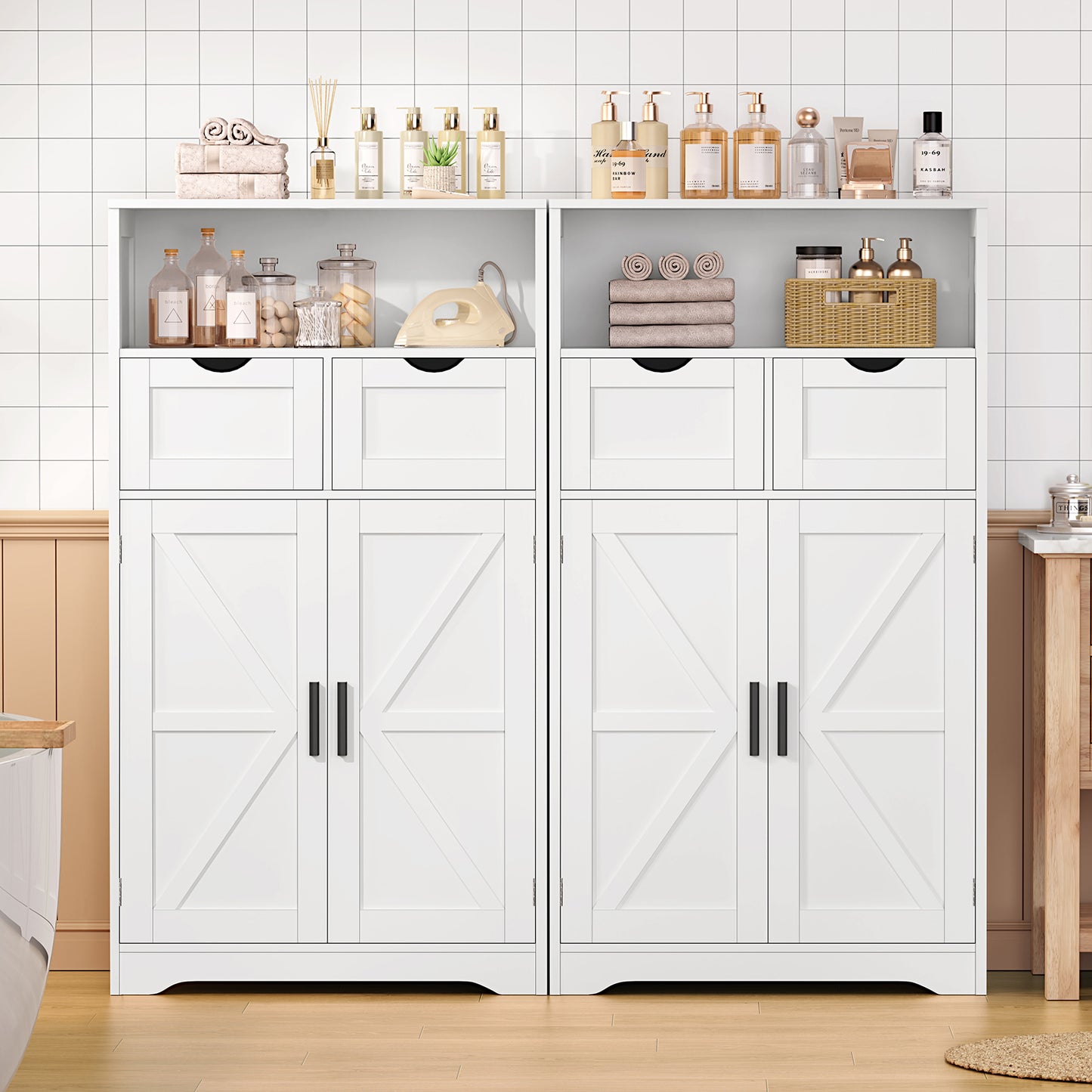 USIKEY Farmhouse Storage Cabinets, Kitchen Storage Cabinet with 2 Adjustable Drawers & Shelf, Floor Cabinet, for Living Room, Home Office, Kitchen