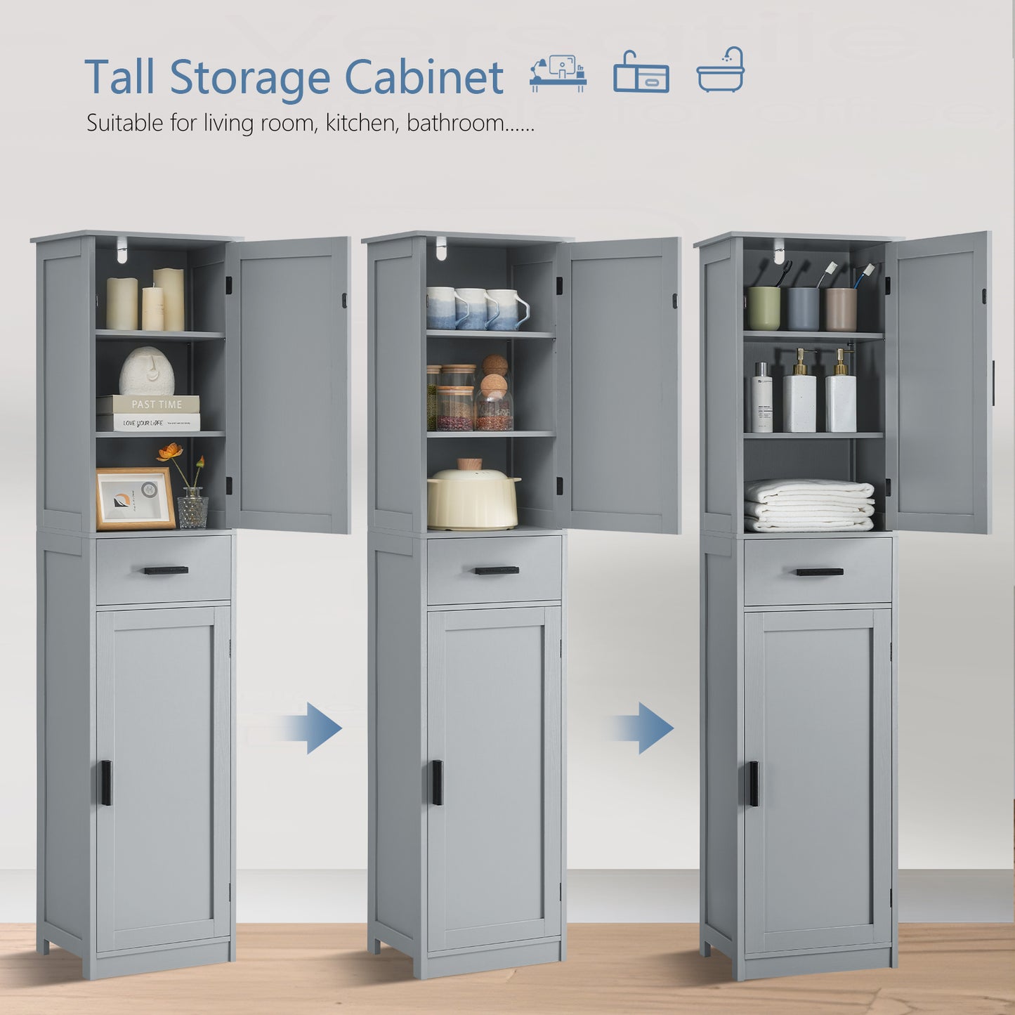 usikey 67" Tall Bathroom Cabinet, Storage Cabinet with 4 Shelves & 2 Doors, Narrow Storage Cabinet for Bathroom, Living Room, Home Office, Grey