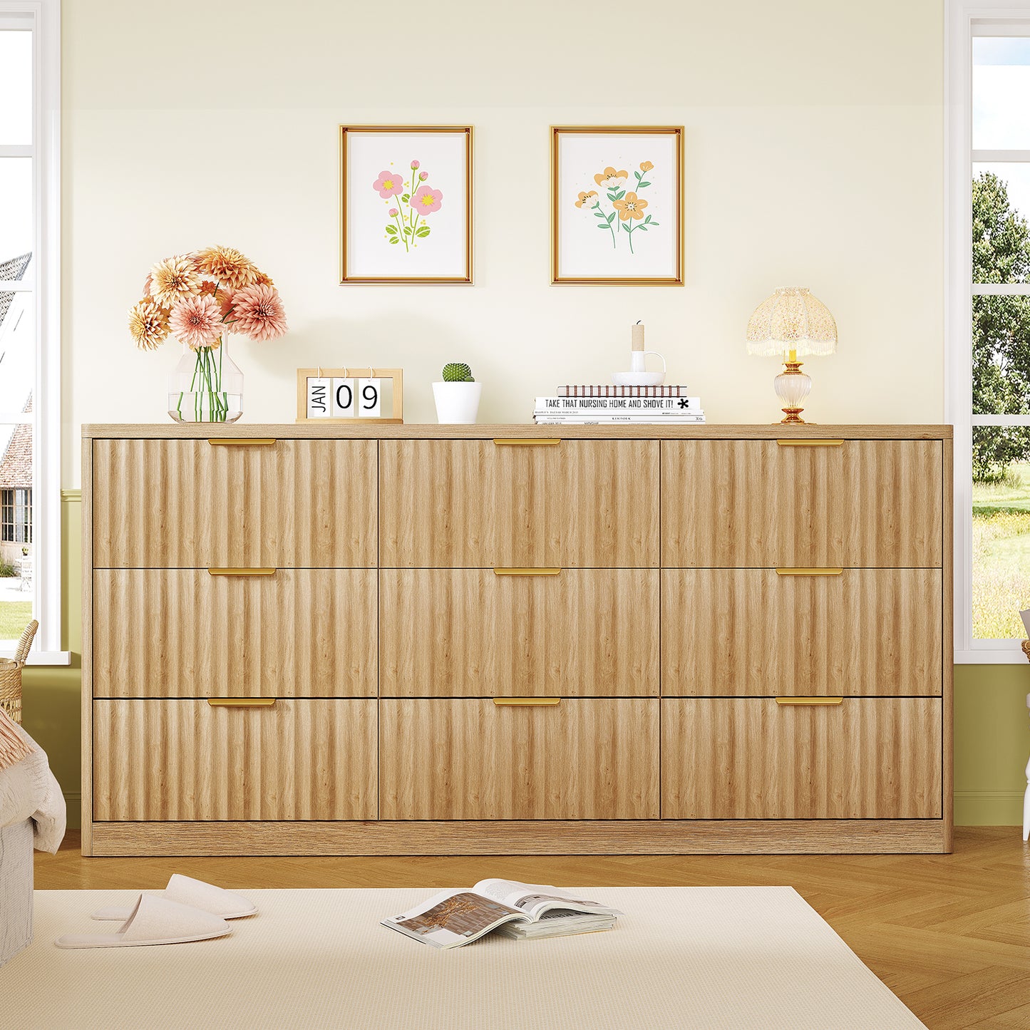 Usikey Fluted Dresser with 9 Drawers 63'' Wide Modern Dressers with Wood Chests of Drawers with Gold Handle &  Natural Wood TV Dresser for Bedroom