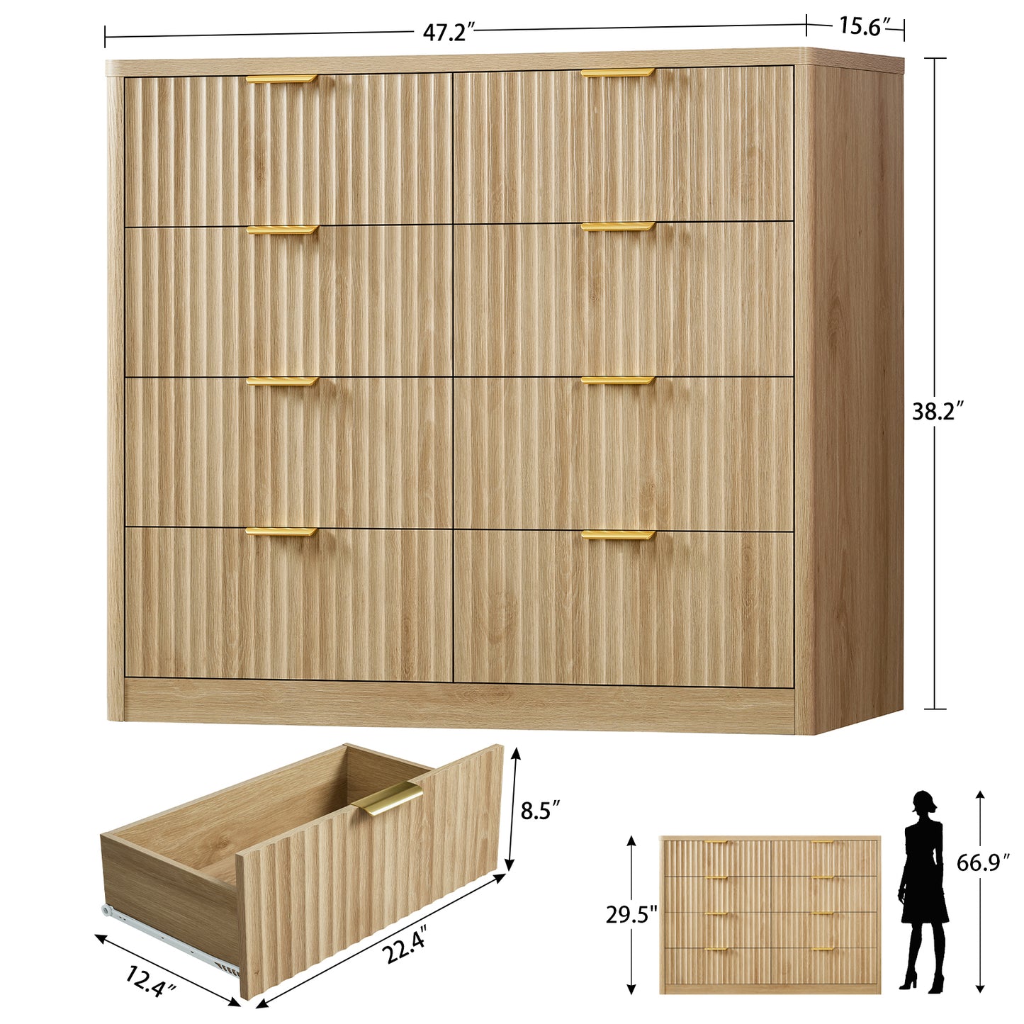 Usikey Fluted Dresser for Bedroom with 8 Drawers, 47'W Modern Chest of Drawers with Metal Handle, Wood Clothes Storage Organizer for Living Room, Oak