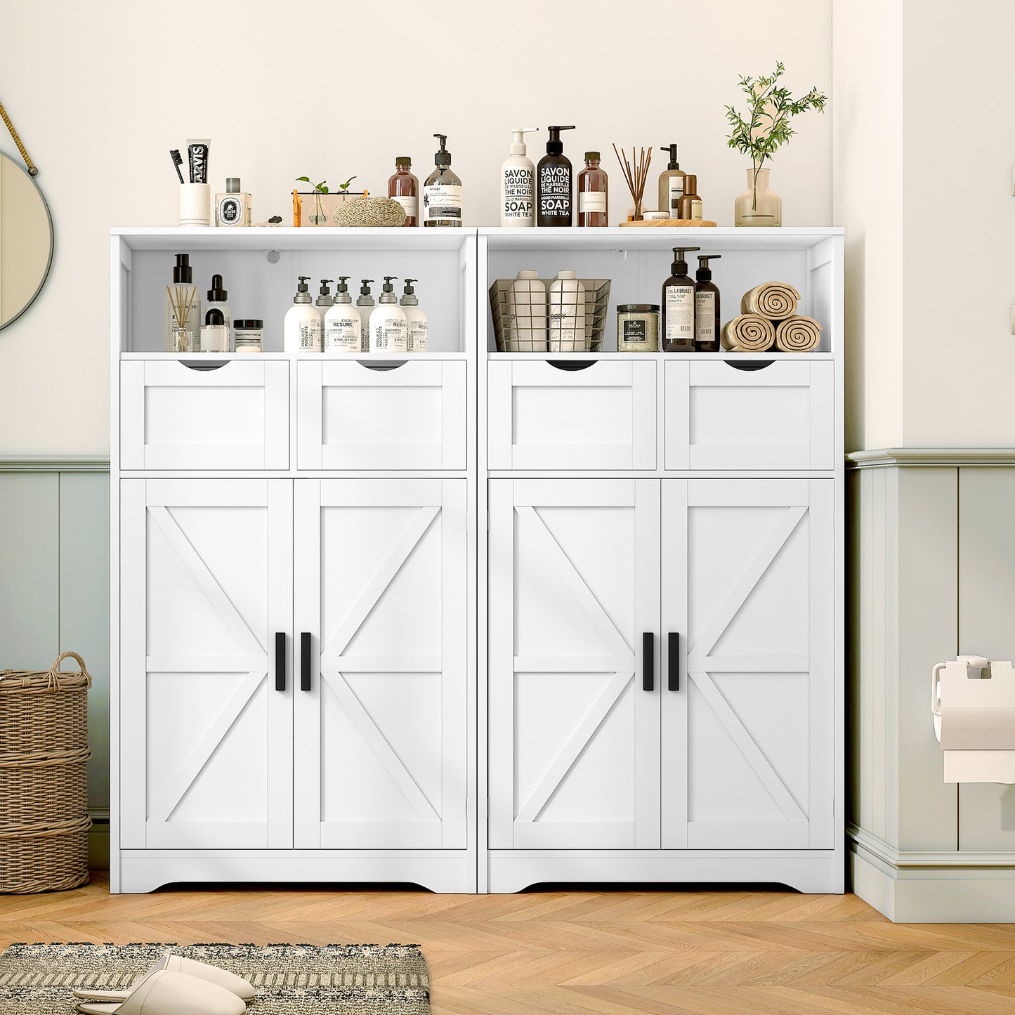 Bathroom Cabinet, Storage Cabinet with 2 Adjustable Drawers & 2 Barn Doors, Standing Cupboard with 2 Shelf, Floor Cabinet for Living Room, Home Office, Kitchen