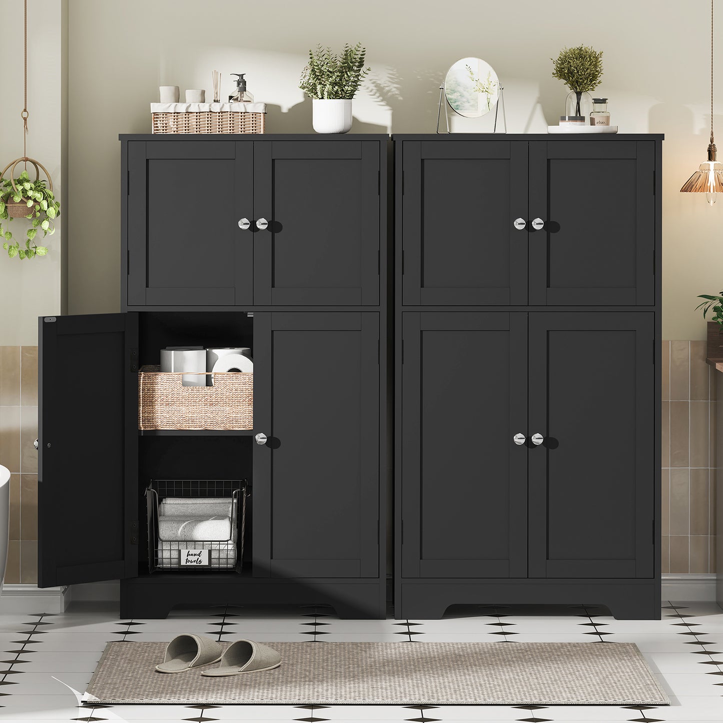USIKEY Storage Cabinet, Bathroom Cabinet with 4 Doors & Adjustable Shelf, Bathroom Floor Cabinet for Living Room, Entryway, Home Office