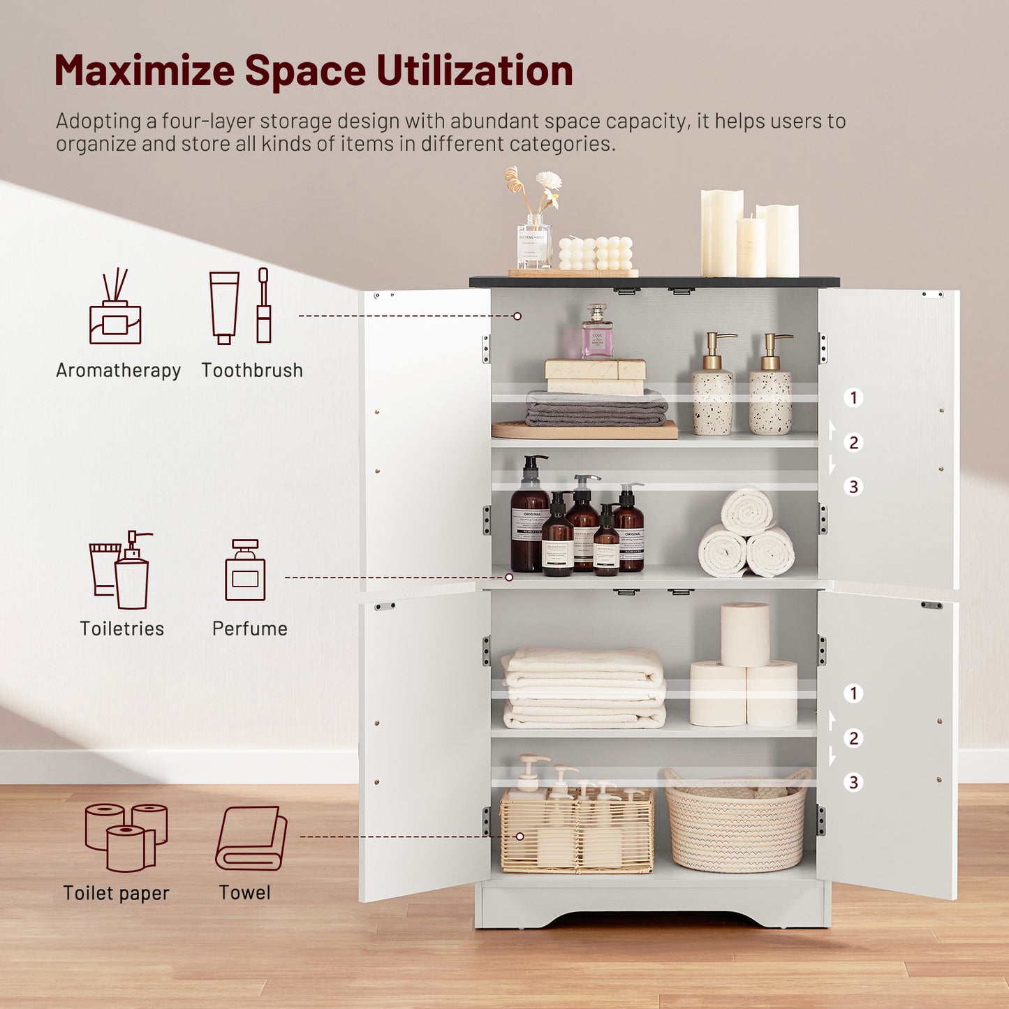USIKEY Farmhouse Storage Cabinet with 2 Adjustable Shelves, Bathroom Cabinet with 4 Doors, Kitchen Cabinets, Cupboard for Kitchen, Living Room