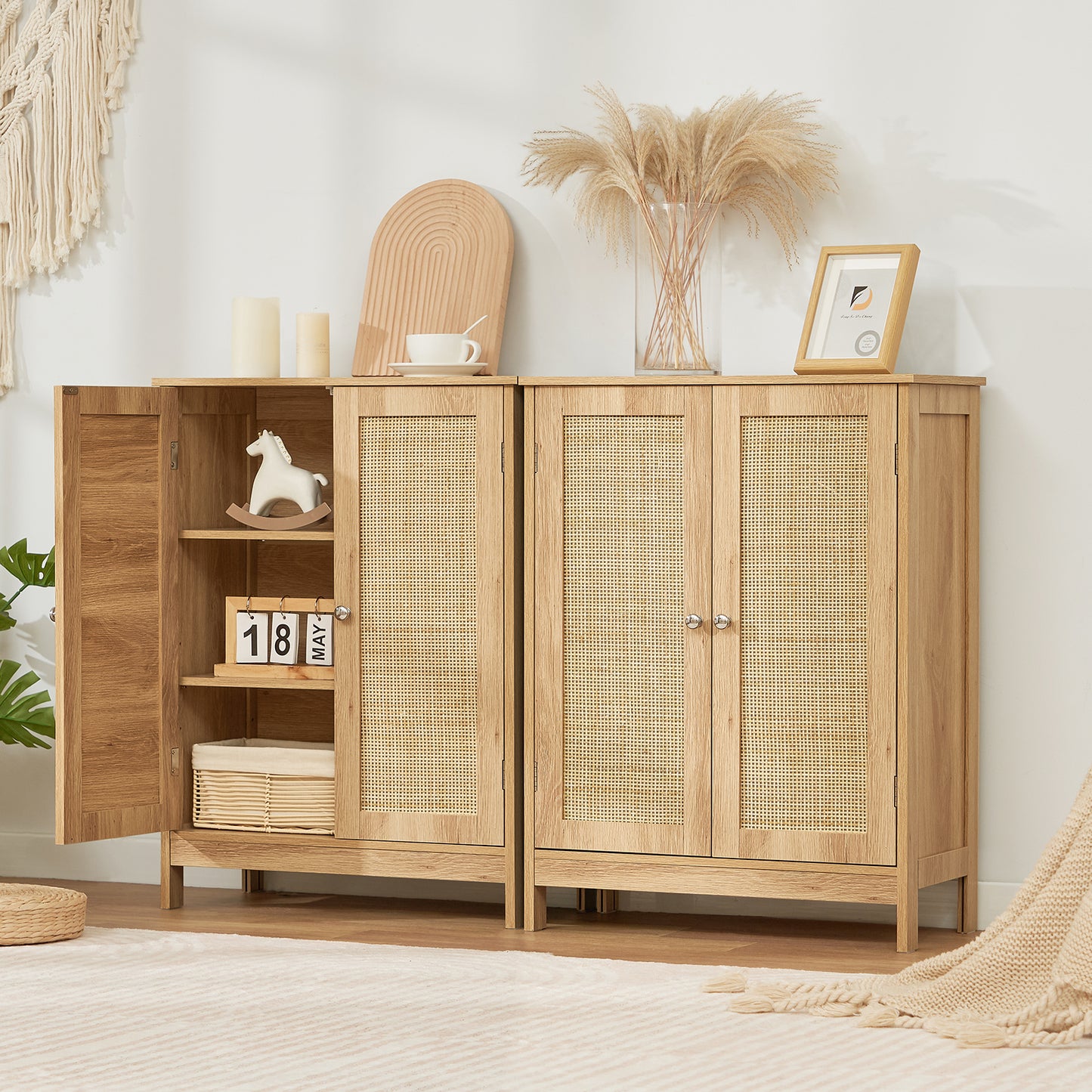 Storage Cabinet with 2 Storage Shelf, Rattan Cabinet with Doors, Accent Cabinet for Living Room, Entryway, Home Office, Natural