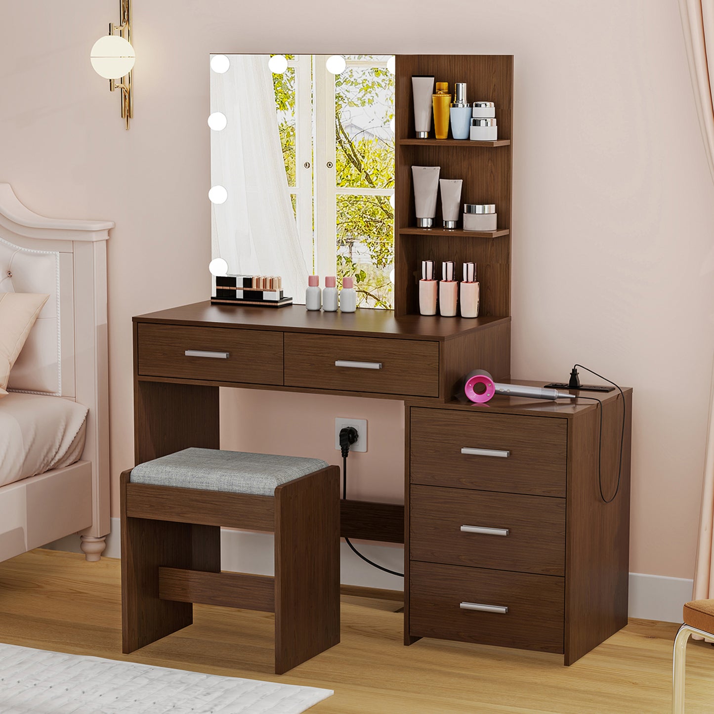 Large Vanity Desk with Mirror & 10 LED Lights, Makeup Vanity Dressing Table with Power Strip, Storage Shelves & 5 Drawers, Vanity Table Set with Cushioned Stool for Women Girls