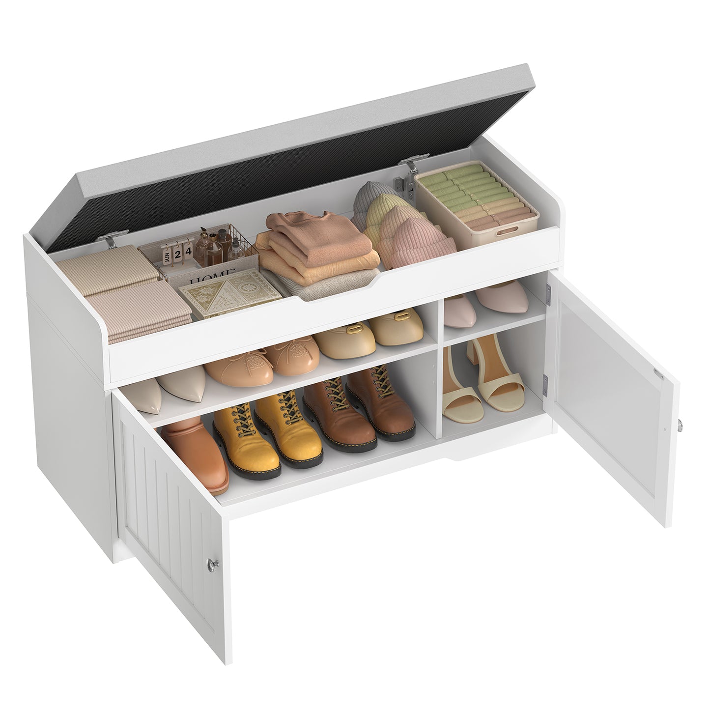 usikey Shoe Bench with Lift Top Storage, Storage Bench with Padded Seat Cushion, Entryway Bench with 2 Adjustable Shelves, for Entryway, Living Room, Bedroom