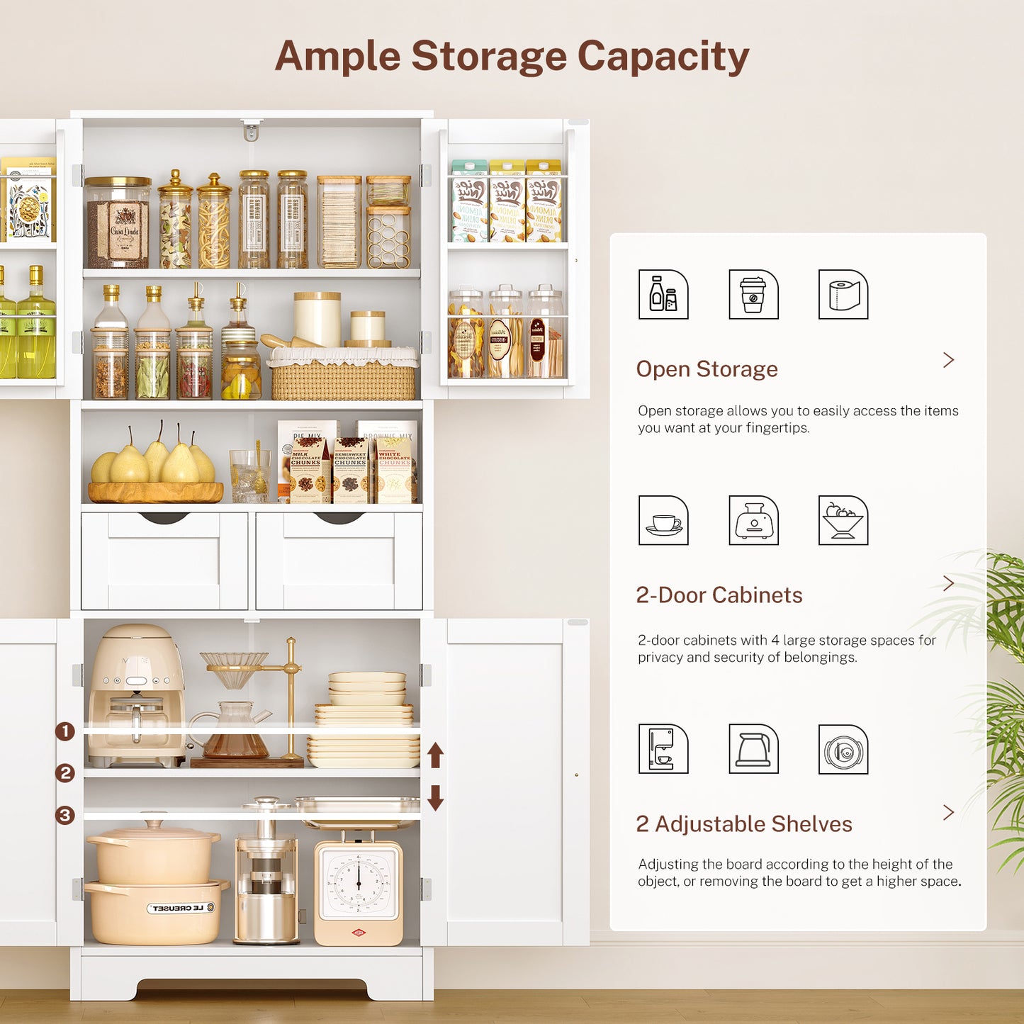 Usikey Kitchen Pantry Cabinet with Adjustable Shelf, Tall Storage Cabinet with 2 Drawers & 4 Door Shelves, Pantry Cabinets for Dining Room, White