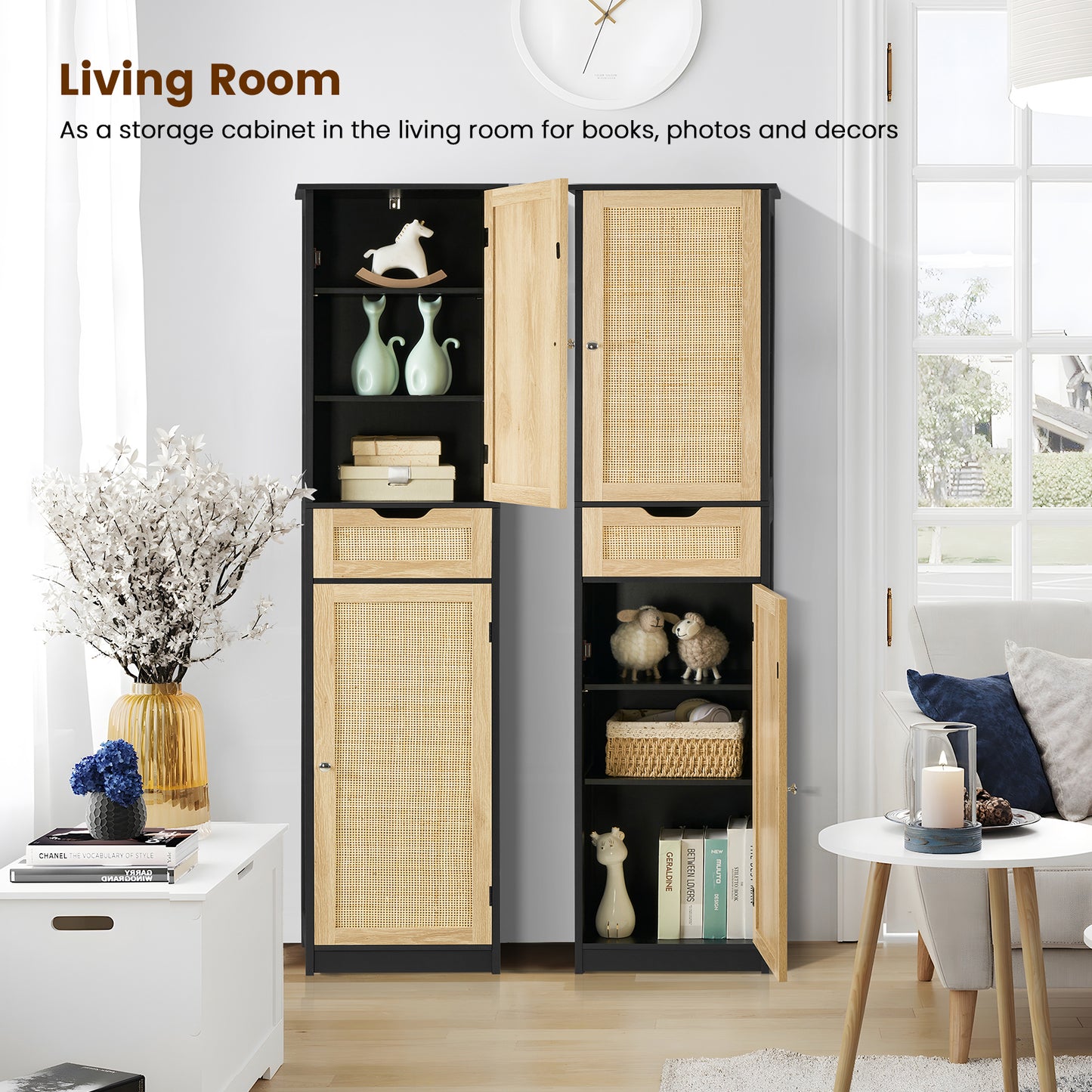 usikey Tall Bathroom Cabinet with Doors, Rattan Storage Cabinet with Adjustable Shelves, Freestanding Narrow Linen Cabinet for Living Room, Entryway, Kitchen, Home Office, Natural